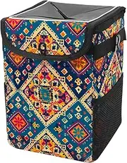 Car Trash Can with Lid and Storage Pockets Leak-Proof Organizer,Multipurpose Trash Bin for Car,Ethnic Floral Vintage Plaid Pattern