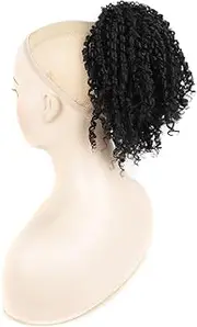 Women's ponytail tie black drawstring ponytail with rolled ends goddess artificial hook braided synthetic hair clip style ponytail tie pony tail hair accessory (Black, One size)