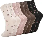 [Jspupifip] 4 Pairs Womens Ruffle Crew Socks Fun Novelty Girl Thin Ankle Casual Fashion Dress Socks Cute Lettuce Floral Ankle Sock, Black, Small-Medium