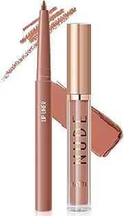 Apooliy 2Pcs Matte Liquid Lipstick and Lip Liner Set,Waterproof Lipstick Shades Set Lip Stain,Long Lasting,Nude Brown Lip Gloss Lip Liner Pencil