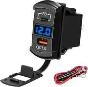 USB Car Charger Socket Dual PD And QC3.0 12V/24V Panel Mount USB Outlet With LEB Voltmeter For Vehicle Marine Boat Etc
