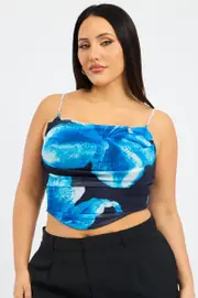 Blue Floral Cami Top Mesh Corset