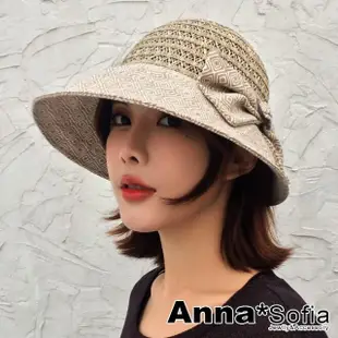 【AnnaSofia】防曬遮陽寬簷淑女草帽盆帽漁夫帽-側蝶結異材拼接 現貨(卡其系)