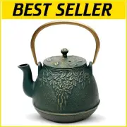 Elegant Japanese Cast Iron Teapot - 40 Oz Leaf Design with Infuser, Dark Green