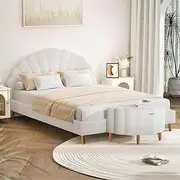 [OIKITURE] Double Bed Frame with Ottoman and Scallop Shaped BedHead Boucle Bed White