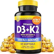 InnovixLabs ADK Vitamin Supplement - Vitamin D3 K2 5000 IU + Low Dose Vitamin A for Absorption - Contains Both Vitamin K2 MK7 & MK4 - Supports Immune System, Heart & Bones - 60 Capsules