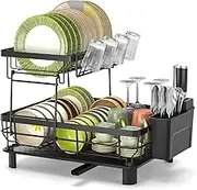 2 Tier Dish Drainer with Utensil Holder, Detachable Dish Drying Rack with Cup Holder, 360° Rotating Drainer Board, Rustproof Dish Drainer with Cutlery Utensil Rack & Holders