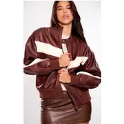 Brown Faux Leather Contrast Panel Longline Bomber Jacket, Brown