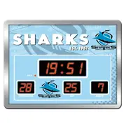 NRL LED Scoreboard Clock - Cronulla Sharks - 45x33cm - Time Temp Date