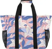 [sanluoli] Bag For Trunk Collapsable Beach Bag Tote With Pockets Canvas Laundry Bag Travel, Large White Lily Flowers Blue Leaves, 1 size