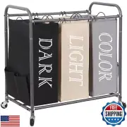 STORAGE MANIAC 3 Section Laundry Sorter, 3 Bag Laundry Hamper Cart with Heavy
