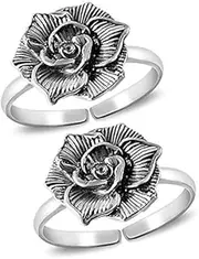 [Tongari] Blooming Rose Design Antique Silver Oxidised Silver Toe Rings in Pure 92.5 Sterling Silver for Women | Pure Chandi Bichiya, Adjustable, Non-Precious Metal, No Gemstone