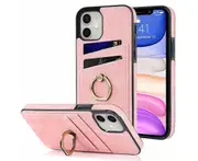 Full Protection Cover for iPhone 11, 2 Cards PU Leather Case with Ring Holder - Pink