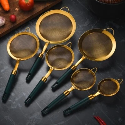 Strainer Green Gold Handle Fine Mesh Colander Spoon Sieve Kitchen Tools