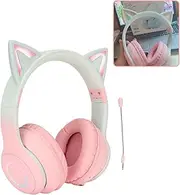 Gugxiom Cat Ear Headphones, Wireless Gaming Headsets via Bluetooth 5.1/3.5mm AUX Cable, Foldable Headphones with 7 Colors LED Lights and 4 LED Modes for Girls, Adults
