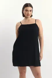 Black Square Neck Shoestring Strap Shift Mini Dress