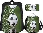 [StOlmx] 3 Pcs Set Backpack,Waterproof Bookbag, Insulated Lunch Bag & Pencil Case Pouch, Travel,Hiking,Rainbow Striped Print, Soccer Ball, One Size
