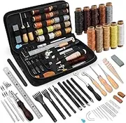 QMNNMA Leather Working Tools Leather Craft Kit and Supplies Upholstery Repair Kit with Waxed Thread Stitching Groover Awl for Punch Stitching, Leather Sewing and DIY Craft Making