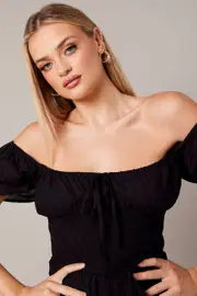 Black Shirred Playsuit Short Sleeve - Size 10, Women's Playsuit