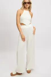 White Wide Leg Pants High Rise Textured Fabric - Size 14, Women's Wide Leg Pants