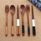 Style Handmade Cutlery Set Spoon Fork Chopsticks Cloth Bag Natural Wooden