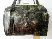 PATRICIA NASH LAME BLACK & GOLD DESIGN LEATHER FRAME SATCHEL PURSE - NWT