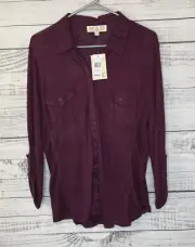 Pink Rose Shirt Juniors XL Burgundy Button Up Roll Tab 3/4 Sleeve 100% Rayon