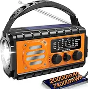20000mAh/74000mWh Emergency Hand Crank Radio with LED Flashlight, SW/AM/FM NOAA Portable Weather Alert Radio, Solar Powered Radio with Phone Charger, USB Charged, SOS Alarm, Compass