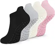 COBERSY Pilates Socks with Grips for Women Yoga Non Slip Socks Grippy Socks for Athletic 4 Pairs White Barre Socks