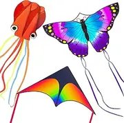 3 Pack Kites, Kite for Kids 4-8 8-12, Puple Butterfly Kite, Colorful Delta Flying Kite and Red Octopus Wind Kite with Kite String Kite for Kids Girls Boys