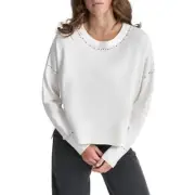 DKNY White Crewneck Stud Trim Split Hem Oversized Sweater Size XL NWT
