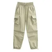 High Waist Plain Drawstring Cargo Baggy Pants Green - M