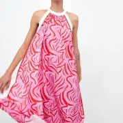 NWT Goodnight Macaroon Pink Orange Print Swing Dress High Neck Womens Small