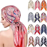 [Hicarer] 12 Pcs 35 Inch Satin Head Scarf Square Silk Like Neck Scarf Large Hair Scarf Silk Lightweight Hair Wrapping for Women