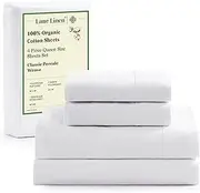 100% Organic Cotton Sheets Set, Pure Organic Cotton Long- Staple Percale Weave Ultra Soft Best- Bedding Sheets for Bed, GOTS Certified, Fits Mattress Upto 17" Deep Pocket, Cotton, White, Queen