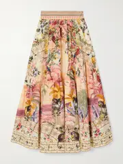 [Camilla] Camilla - + The White Lotus Crystal-embellished Printed Linen Maxi Skirt - Pink - medium medium Pink