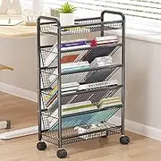Rolling Book Cart, Mobile Bookshelf with Wheels, Compact Desk Storage Organizer Trolley, Floor Standing Metal Bookshelves/Corner Display Shelf, Magazine Rack for Narrow Space (Color : Black, Size :/19