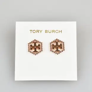 【TORY BURCH】TORY BURCH MILGRAIN HEX經典雙T滾邊圓珠六角形穿式耳環(玫瑰金)