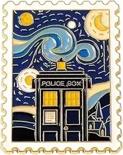 [Generic] Police Box Stamp Collectible Limited Edition Enamel Lapel Pin, Starry Night, 1.6 inches, 1.0 Inches, Metal, no gemstone