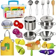 Sundaymot Kitchen Pretend Accessories Wooden Play Food Toys, Cooking Set with Stainless Steel Cookware Pots and Pans Utensils, Apron, Chef Hat, ​Cutting Food Kitchen Playset for Girls and Boys.