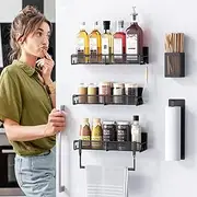 PKBD 6pcs Strong Magnetic Spice Rack for Fridge, Kitchen Organization for Spice Jars without Drilling, Including Paper Towel Holder, Kitchenware Holder and towel rack, Metal&Black