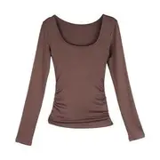 Long-Sleeve Scoop Neck Plain Slim Fit T-Shirt Brown - L