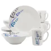 Gibson Home Blue Leaves 12 Piece Round Fine Ceramic Decorated Dinnerware Set in