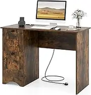 Giantex Computer Desk with Drawers, Home Office Desk with Charging Station, Modern Study Writing Desk with Cable Hole, PC Laptop Desk, Computer Workstation for Bedroom, Study (Rustic Brown)