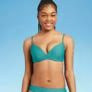 Women's Lightly Lined Wrap Front Textured Bikini Top Shade & Shore Pool Blue 32B