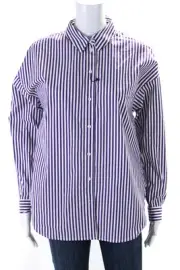OUI Womens Cotton Blend Striped Long Sleeve Button Up Blouse Top Purple Size 4