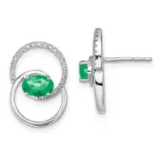 14k White Gold Double Circle Emerald/Real Diamond Post Earrings