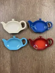 Set of 4 Tea Bag Holders LE CREUSET Stoneware Teapot Shaped Cerise Cobalt Dune