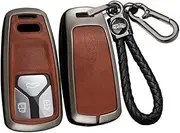 ontto Alloy Car Key fob Cover Fit for Audi A4 B9 A5 A6 8S 8W Q5 Q7 4M S4 S5 S7 TT TTS TFSI RS keyless Entry 3 Buttons Leather Key case Shell Key Holder Keyring Keychain Accessories Black-Brown