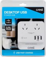 Crest Desktop Power Hub 2 Socket with 3 USB-A Ports for Home Office